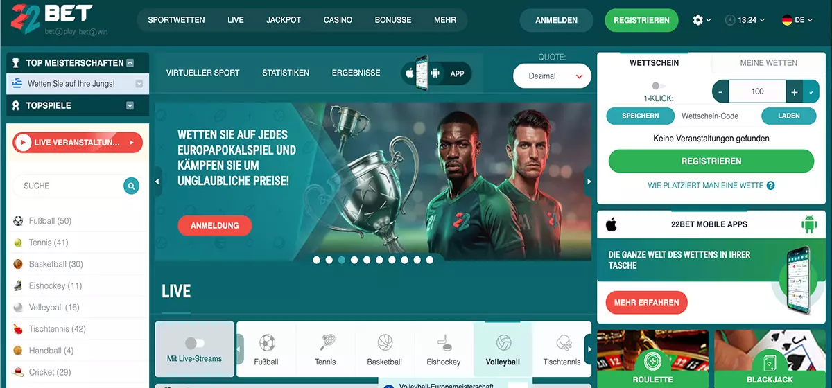 22Bet mit Sportwetten-Startseite, Wettschein und Ligenauswahl, Buchmacher ohne OASIS