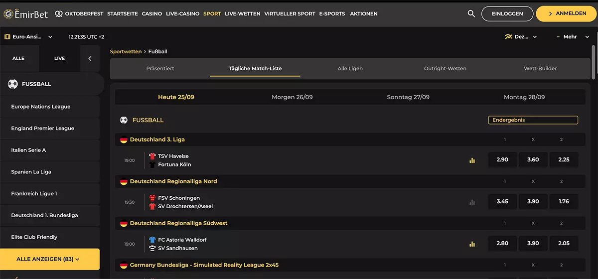 Emirbet mit deutscher Match-Liste zur 3. Liga und zur Regionalliga, Anbieter ohne OASIS