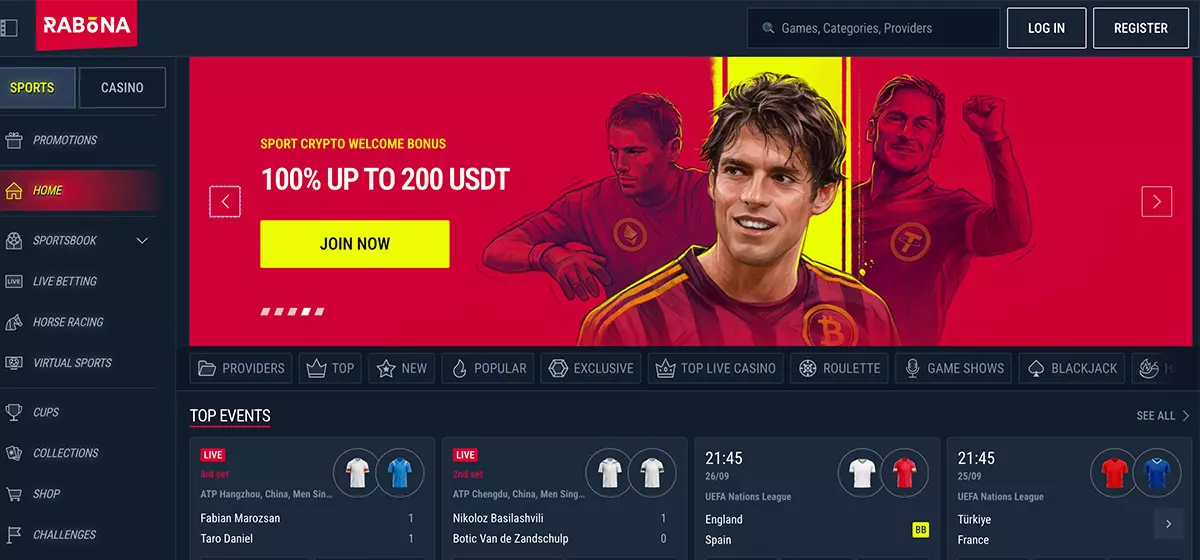 Rabona mit Krypto-Willkommensbonus und Top-Events, Sportwetten ohne OASIS
