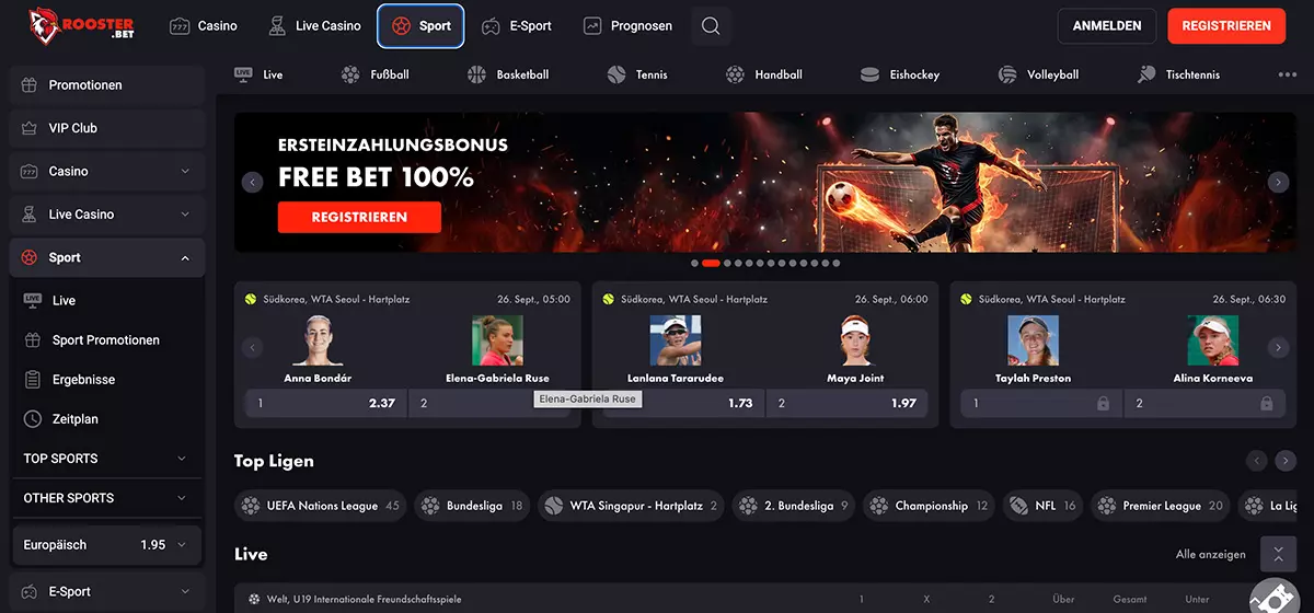 RoosterBet mit Ersteinzahlungsbonus und Tennisquoten, Anbieter ohne OASIS