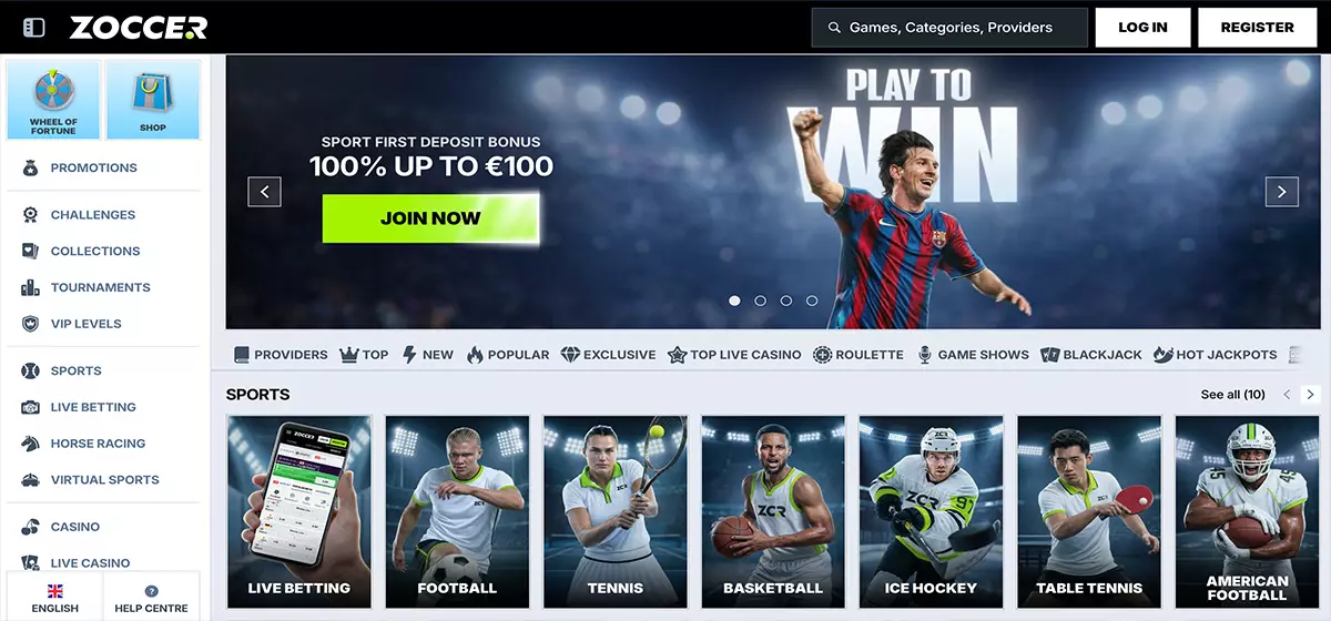 Zoccer mit Sportwetten-Startseite, Einzahlungsbonus und Sportartenauswahl, Wetten ohne OASIS